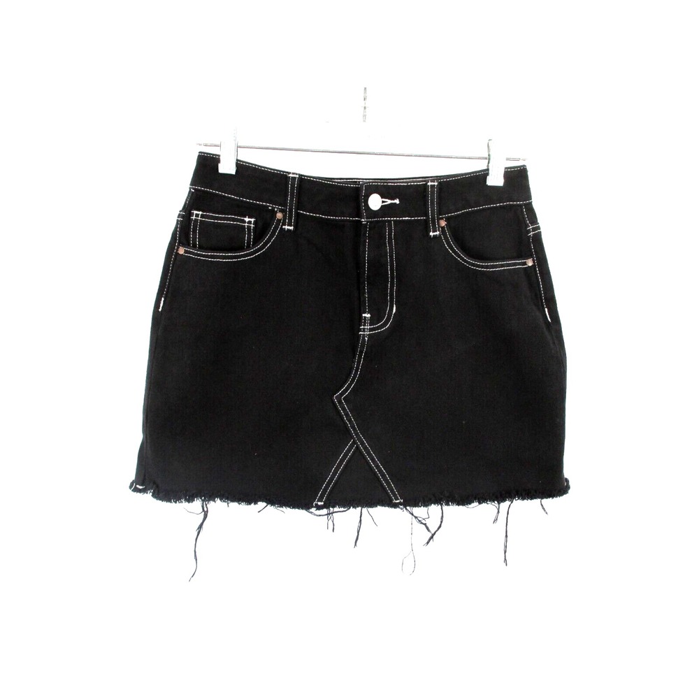 PacSun Black Denim Mini Jean Skirt Thick Stitch Raw Hem Womens Size 25